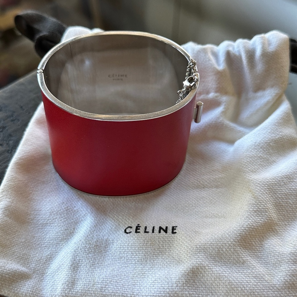 CELINE RED SILVER LEATHER MANCHETTE CUFF BRACELET BY PHOEBE PHILO